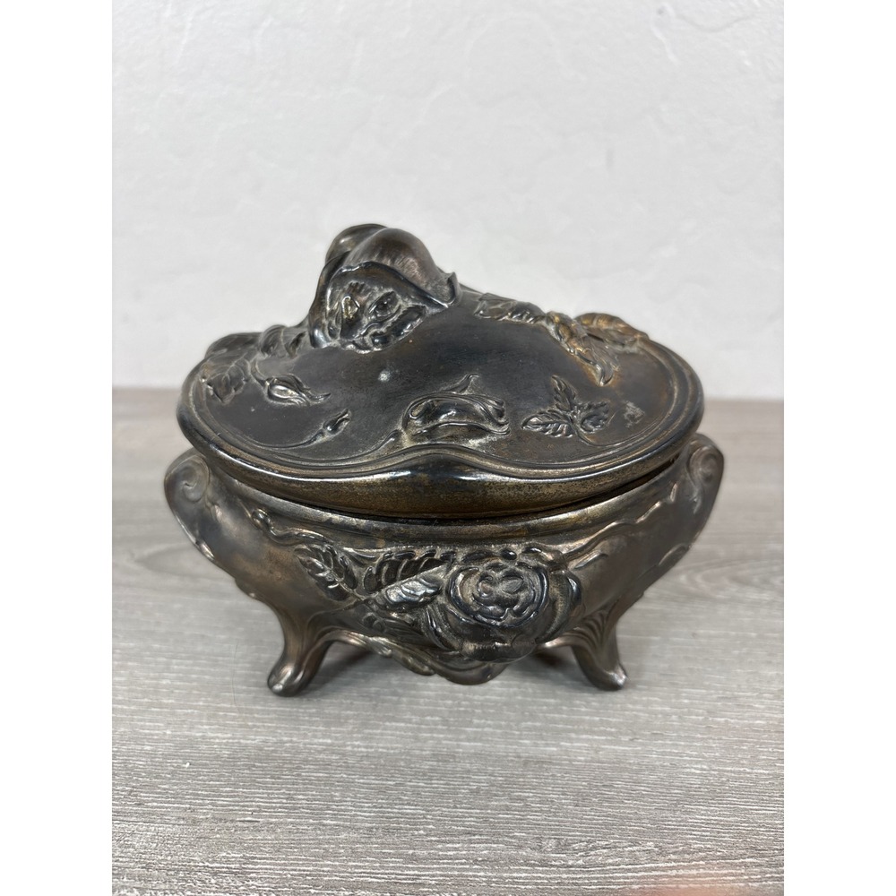 Vintage Rogers 66 Silver Plated Jewelry Box Art Nouveau Rose Footed Trinket Case